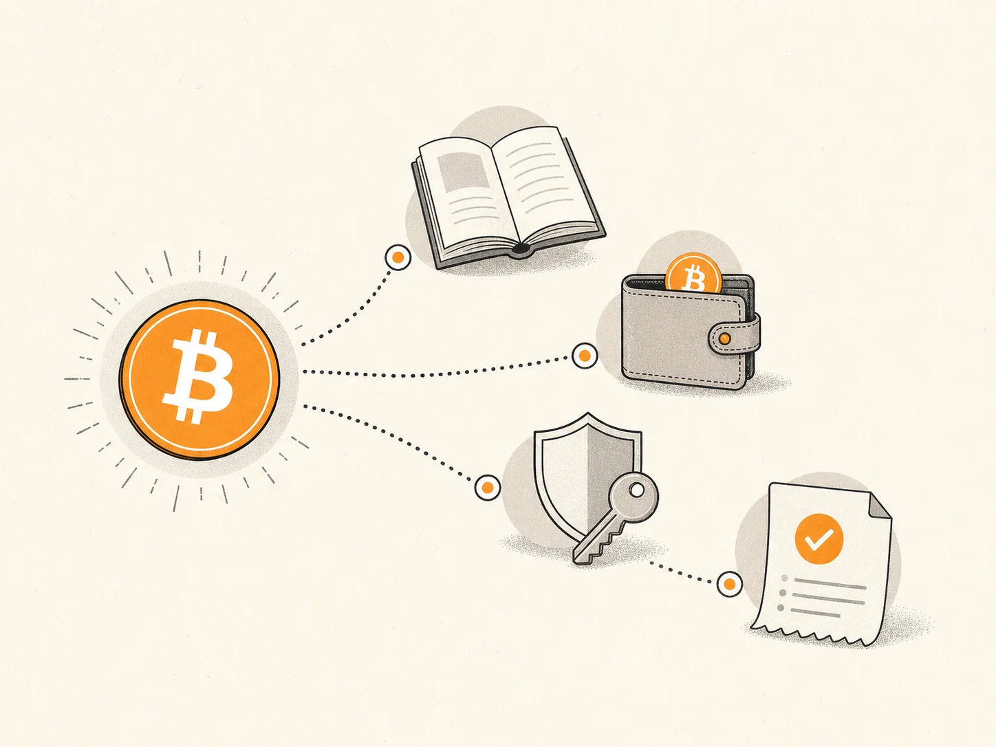 A visual learning path connecting Bitcoin with an open book, wallet, security key, and confirmed transaction