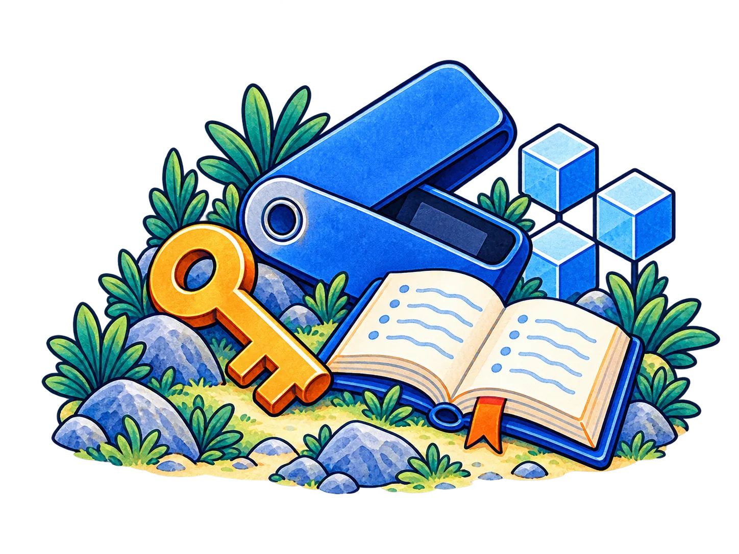 An open blue Bitcoin wallet and key beside an illustrated book landscape.